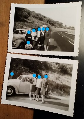 Man Boy and Group Women with Car Volkswagen VW Vintage on Road / 2x Photo