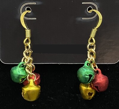 Handmade Green Red & Gold Jingle Bell Earrings by Neanie-Bot