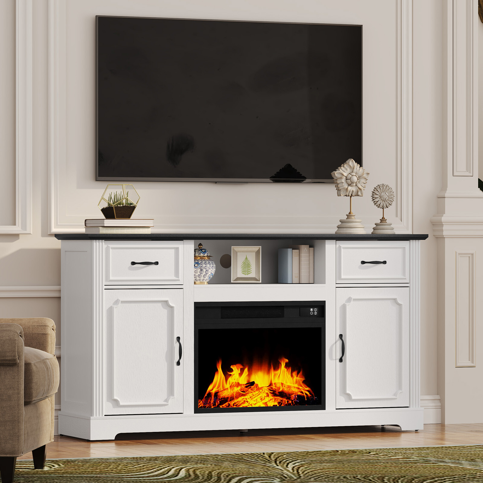 Fireplace TV Stand with 2 Drawers for TV up to 65''Electric Fireplace TV console
