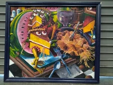 Original Oil Painting Signed Jim John, Cake Eating Spaghetti