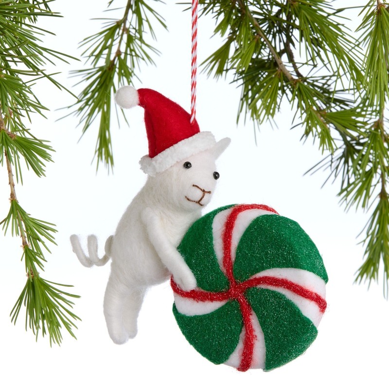 Wool Mouse Christmas Ornament World Market White Peppermint Candy Santa Hat