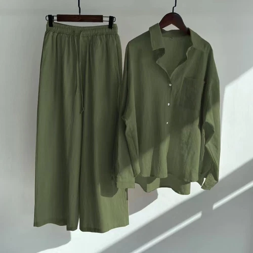 Women Lady Summer Solid Color Cotton Linen Suit Lapel Long Sleeve Top Leg Pants - Bild 30 von 42