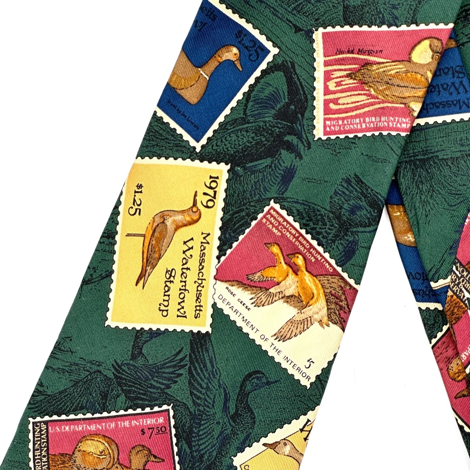 ВИНТАЖНЫЙ галстук Eddie Bauer зеленые утки почтовые марки водоплавающие птицы шелковый галстук США - Изображение 2 из 4