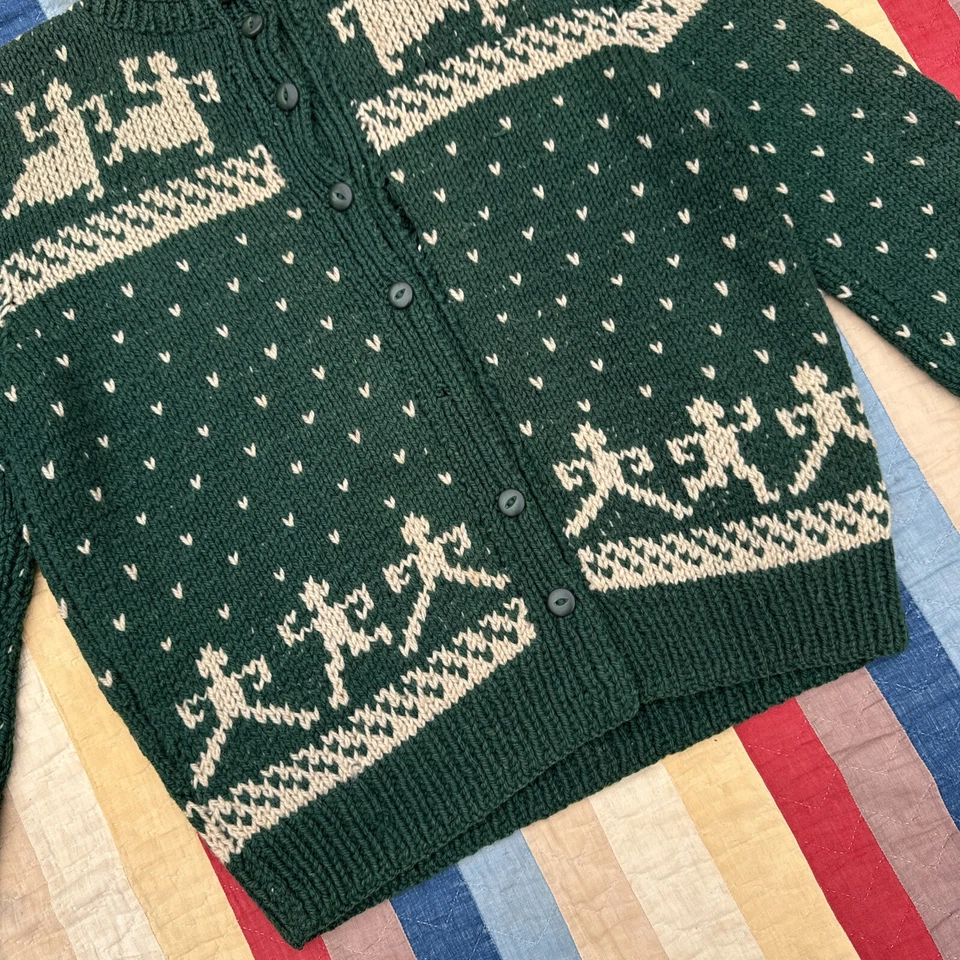Vintage 1930s Green & White Wool Knit Sweater Cardigan Dancing People Figural - Image 4 of 4