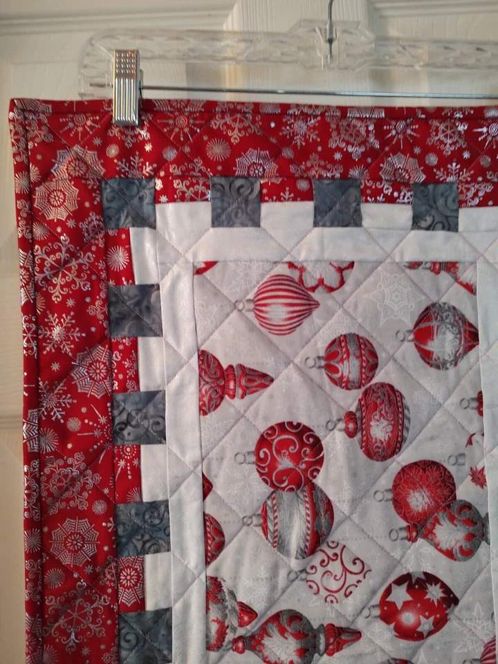 Christmas Table Runner NEW Quilted With Silver Accents 18"x40" Red White Silver  - Image 3 of 3