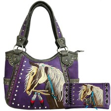 Women Purple Western Country Dakota Horse Pony Concealed Tote Purse Wallet Set