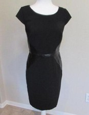 ANN TAYLOR sz 4 black sheath lined faux leather insert career dress FAB s/s