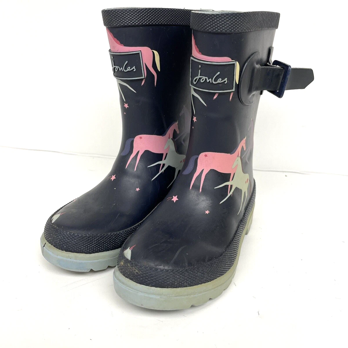 Joules Rain Boots Blue Unicorn Pull On Buckle Round Toe Mid Calf Kids Toddler 10