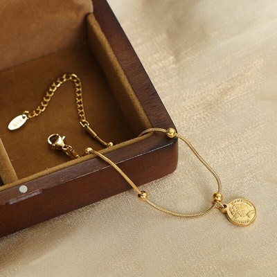 Woman 18K Gold Plated Elizabeth Queen Beaded Charm Snake Chain Bracelet Bangle
