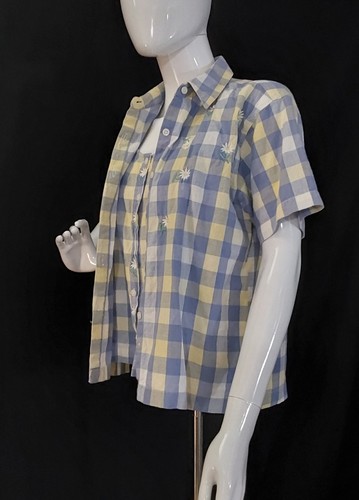 Maggie & Max Short Sleeve Shirt Blue Yellow Check Floral Embroidered Medium - Picture 3 of 11