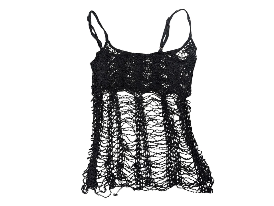 Victoria Secret крючком бисером черный Cami размер маленький Майка пляжный чехол Y2K - Изображение 2 из 4