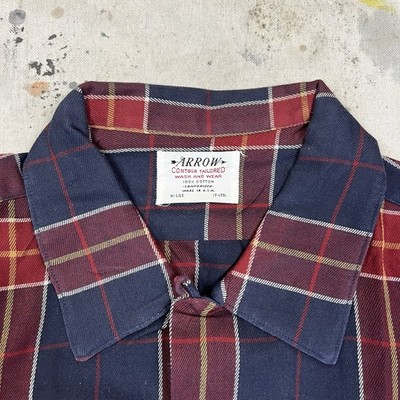 Vintage 60s Arrow Loop Collar Plaid Cotton Button Up Shirt Mens XL