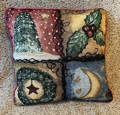 Vintage Moon & Stars Christmas Tapestry Pillow Holly Square 18''  E Smithson
