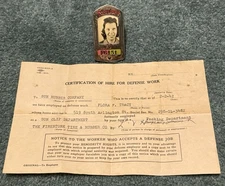 Vintage WWII Female Firestone Workers Employee Badge W 1942 Defense Certificate