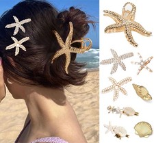 8 PCS Starfish Hair Clip Gold, Hawaiian Pearls Seashell Claw Clips Star Ponyt...