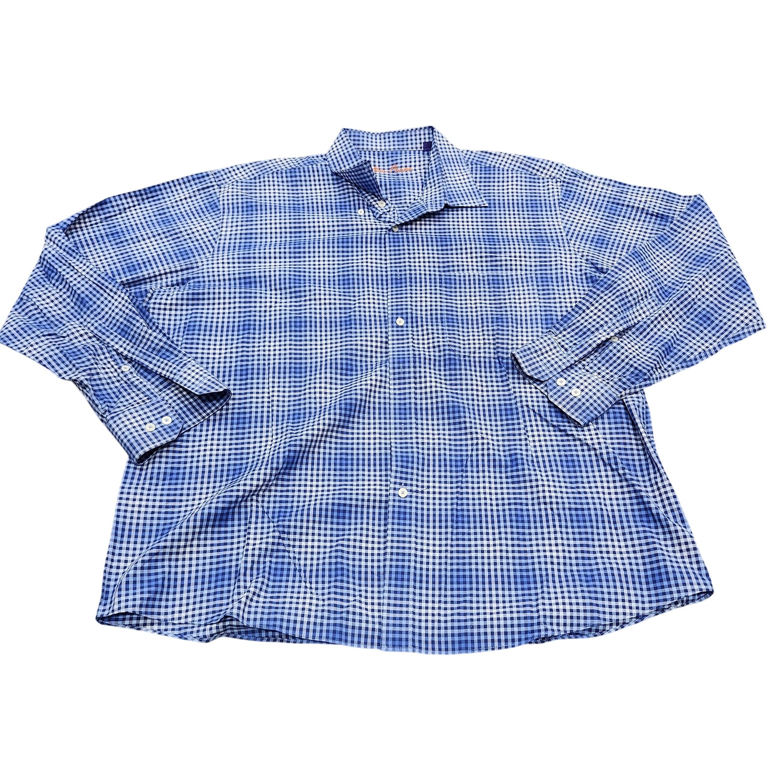 Alan Flusser Shirt Mens 2XL Blue Check Long Sleeve Button Front Casual Cotton