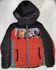 Size 5 Mickey Mouse Boys Hooded Full Zip Puffer Jacket Pockets Red