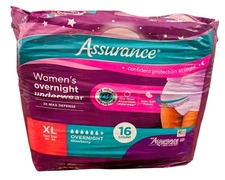 Assurance Women’s Overnight Underwear, XL, 16 Count – New & Sealed