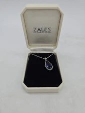 10KT White Gold Genuine Teardrop  Sapphire & Diamond Halo Drop Pendant Necklace