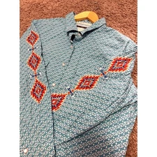 Panhandle Southwestern Shirt Womens Size L Turquoise Embroidered LS Pearl Snap