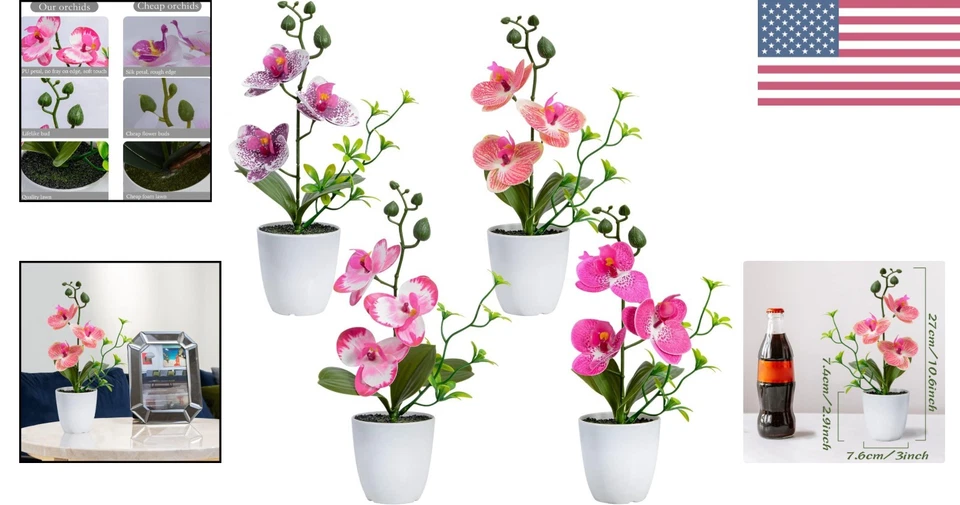 Coloridas flores de orquídea de seda de 4 piezas en florero de plástico - Ideal para hogar y bodas Foto 2 de 4