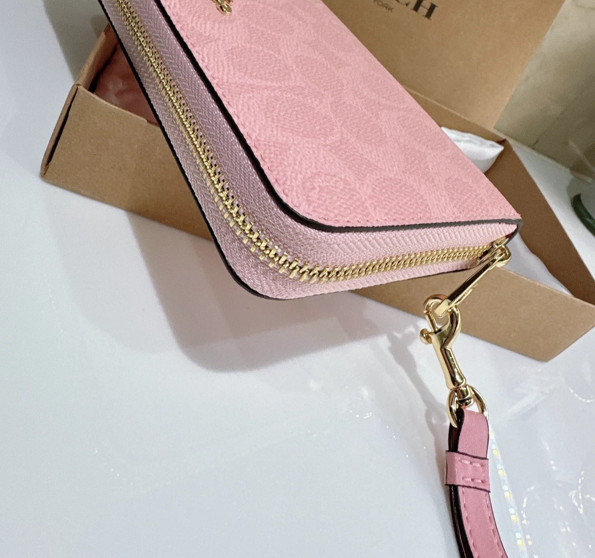NEW COACH Long Zip Around Wallet In Signature Canvas Powder Pink