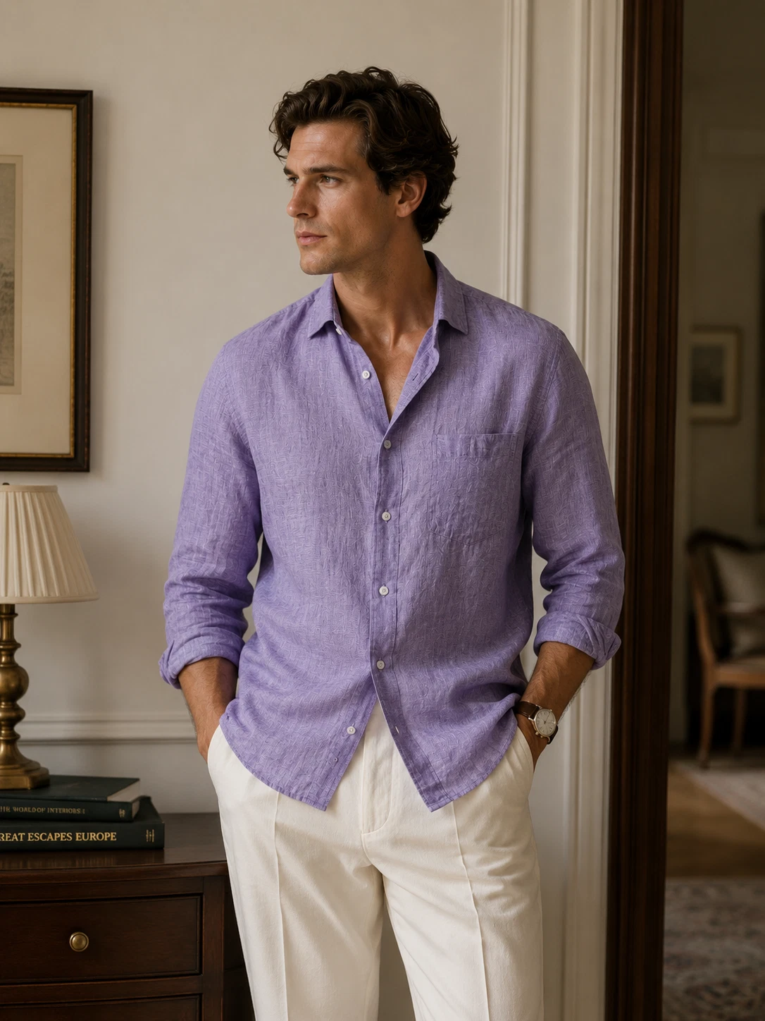 Lombard 100% Linen Purple Button Down Shirt Men’s Size 42 Relaxed Casual Luxury