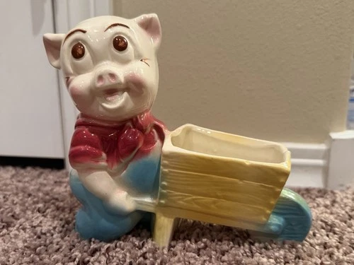 Shawnee Pottery MCM Happy Farmer Porky Pig Wheelbarrow Anthropomorphic Planter