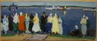 Ukrainian Soviet USSR oil Painting impressionism seascape ferry passenger people
