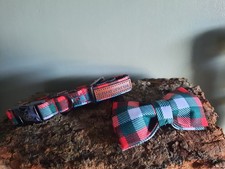 Brand New xs Dog Collar And Bow Tie Red And Green Chereked Design