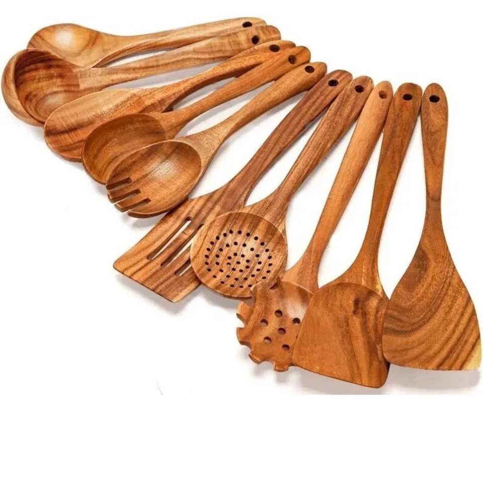 Wooden Spoon Set of 10 Pcs Wood Utensils for Non Stick Cook with hanger Cooking - Image 2 of 4
