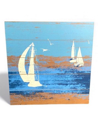HORIZONTAL Nautical Picture Prints Wall Art Sailboat Scenery Painting Wood 23x23