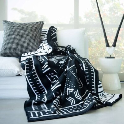 Aranda African Mud Cloth Blanket Black White Cotton Suede 79”x90