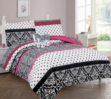 Hot Pink Black White Zebra Damask Dots 8pc Comforter Sheet Set Twin Full Bed Bag