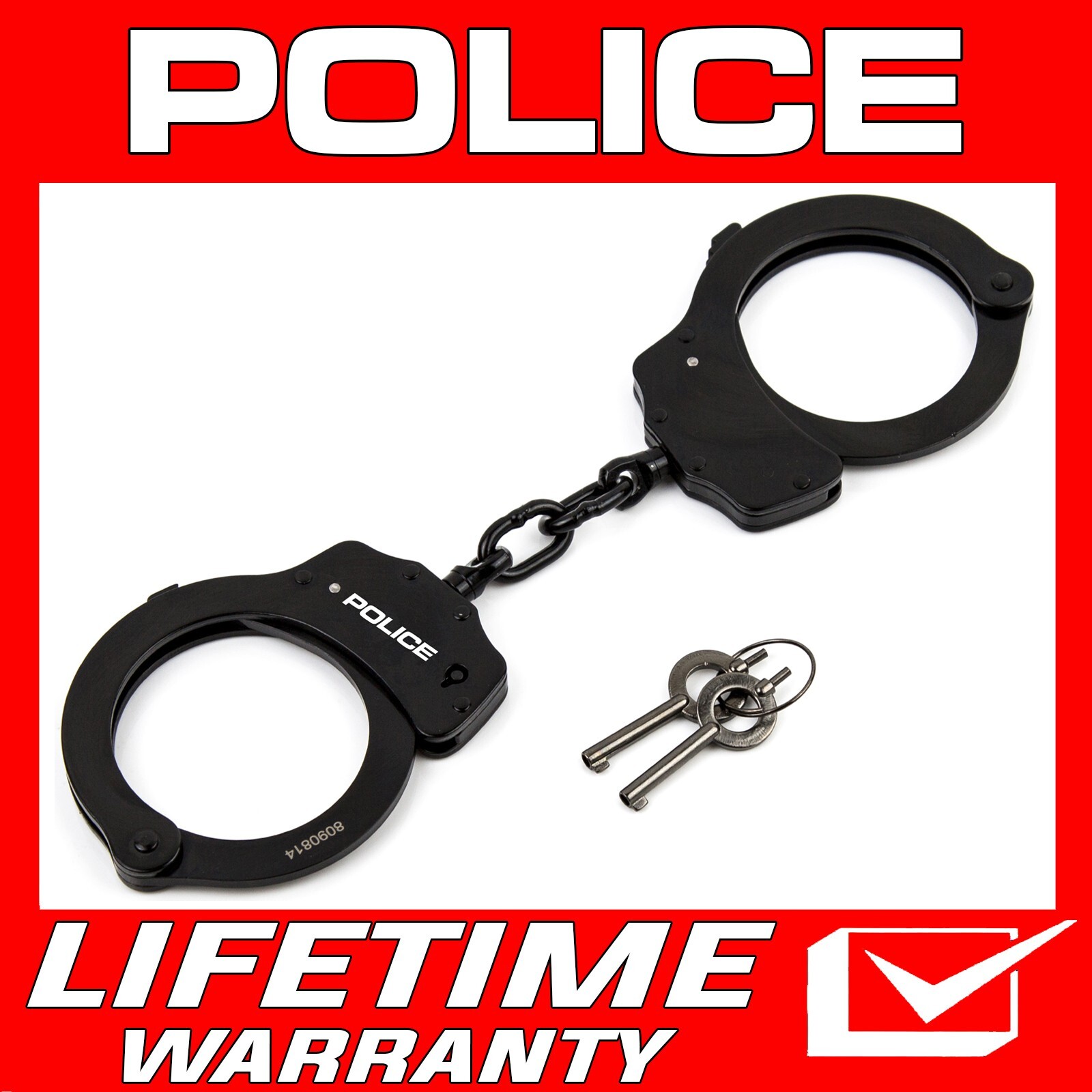 POLICE Black Steel Chain Double Lock Security Handcuffs w/ Keys Heavy Duty
