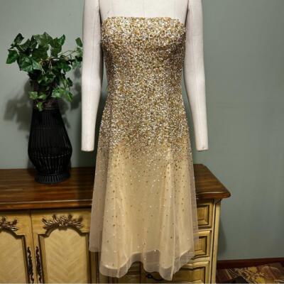 Scala Gold Glistening Sequin Tulle Sleeveless Strapless PArty Evening Gown