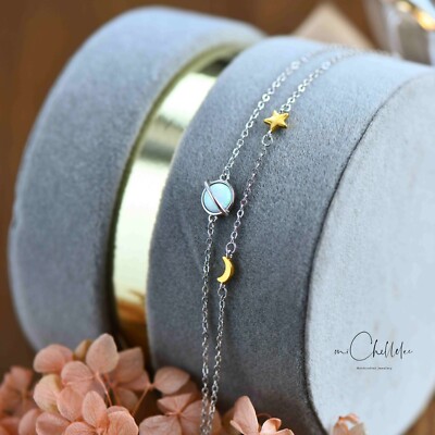 Zierlicher Opal Planet in Sterlingsilber, Saturn Armband, Mond und Stern Armband
