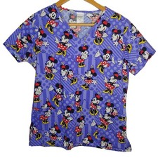 Disney Minnie Mouse Women's Medium Scrub Top Purple V Neck Medical Vet EUC