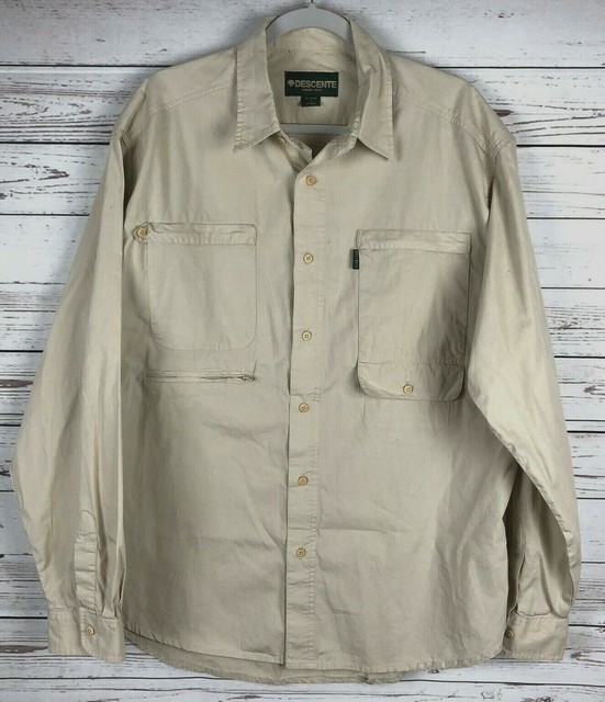 Descente mens size xl shirt golf button front pockets long sleeve cotton beige | eBay