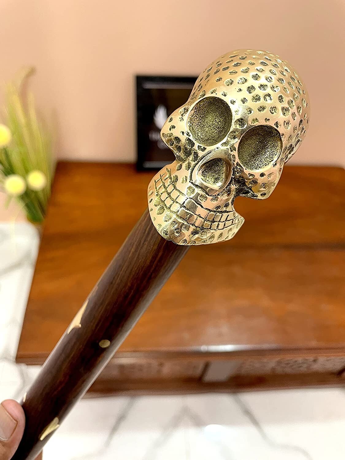 Handmade Solid Brass Skull Face Handle Wooden Wal… - image 3