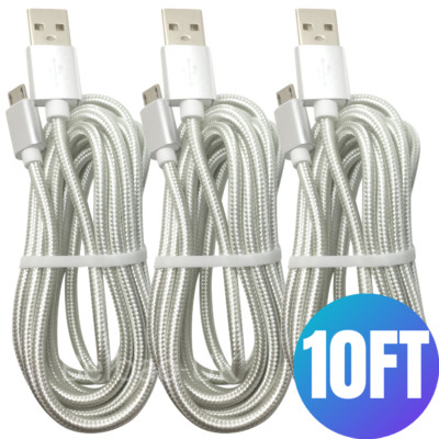 3 Pack 10Ft Micro USB Cable Fast Charger Charging Cord Lot For Samsung S10 S7 J7