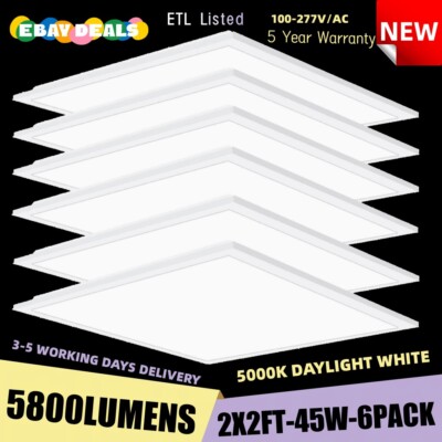 6X 2x2FT LED Flat Panel Light 5400LM 45W 5000K Dimmable Drop Ceiling Home Office