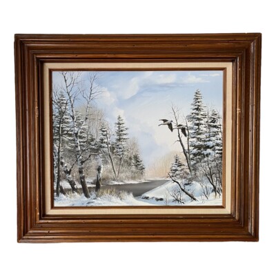 Anton Znaniecki Winter Landscape Bird Oil Painting Christmas