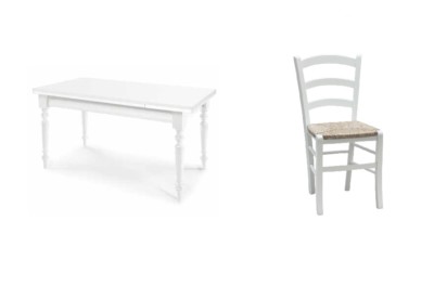 SET TAVOLO CUCINA SEDIE IN LEGNO, FONDO PAGLIA, COLORE BIANCO - Main Image