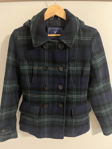 American Eagle Pea Coat Wool Blend Removable Hood Navy Blue Green Plaid Medium - Picture 3 of 9