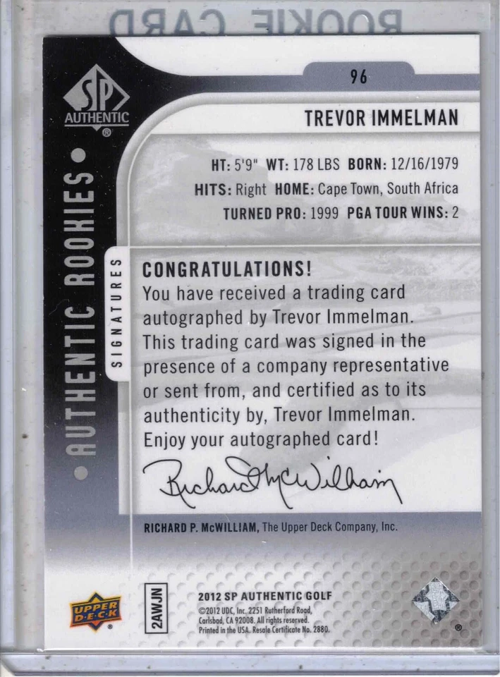 2012 UD SP Authentic golf Trevor Immelman Rookies RC rookie auto /699 card #96 - Image 2 of 2