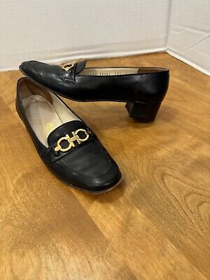 Salvatore Ferragamo Black Leather Shoes w/ Gold Buckles Sz Salvatore Ferragamo Black Leather Shoes w/ Gold Buckles Sz