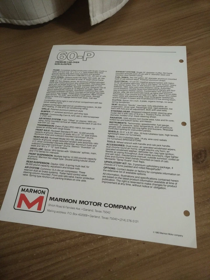 Marmon 1983 60-P Cabover Truck Original Standard Specifications Page Brochure  - Image 2 of 3