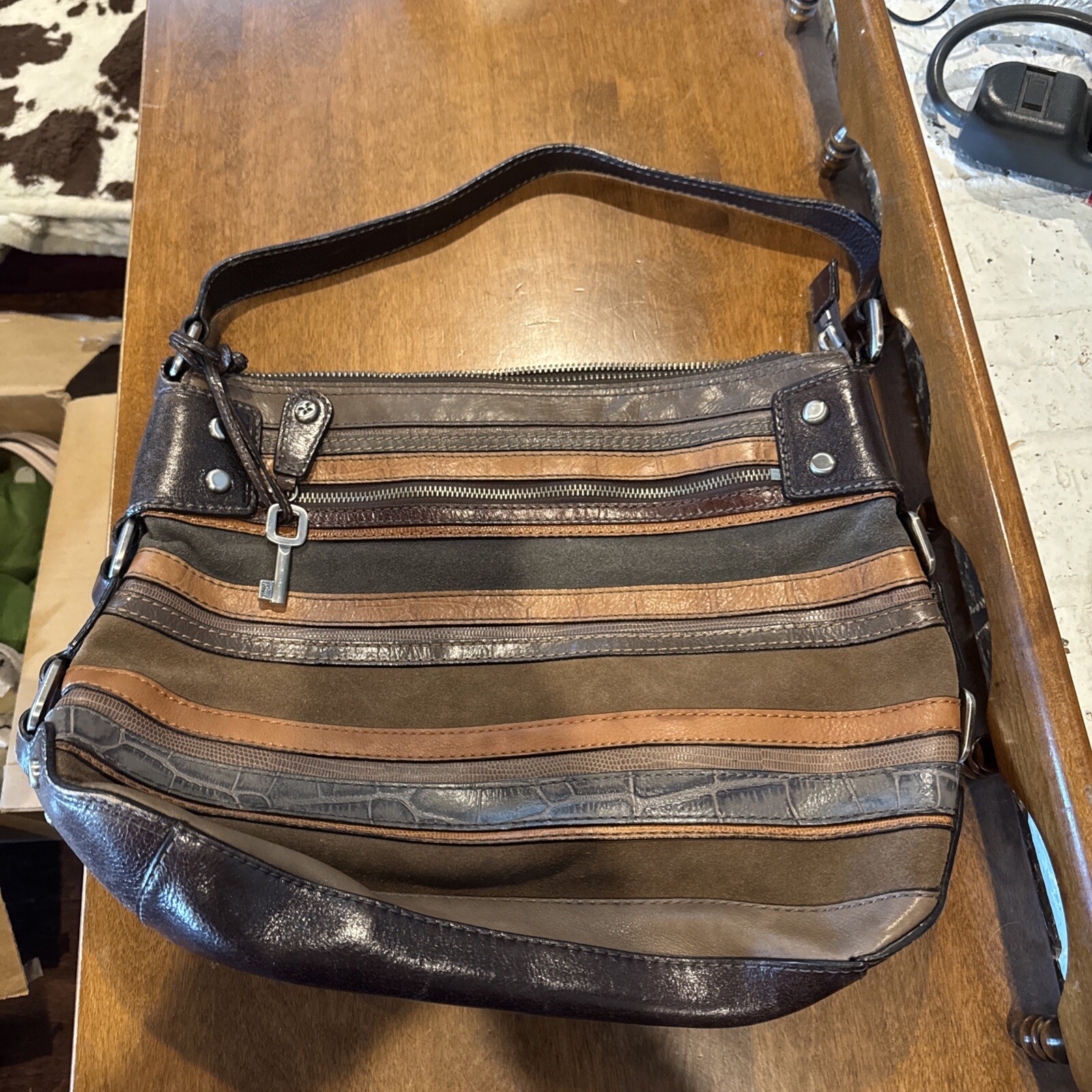 Fossil Multicolor Boho 90s Suede Leather Shoulder Bag Handbag Striped