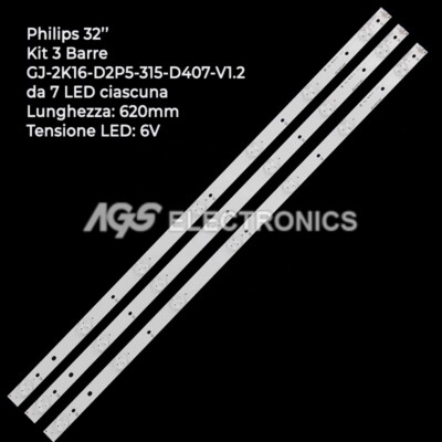 KIT 3 LED-STREIFENSTANGEN PHILIPS GJ-2K16-D2P5-315-D407-V1.2 6V